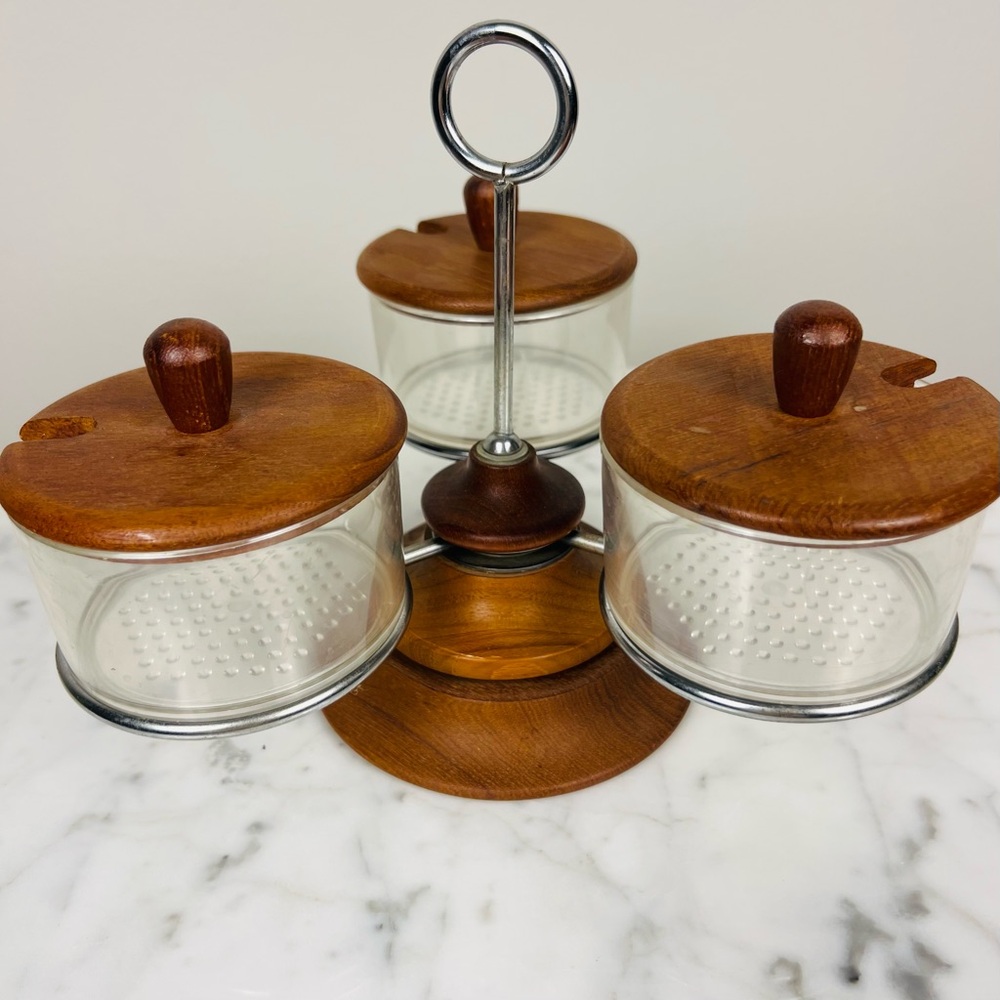 Vintage Luthe Danish Teak Condiment Set – Spice Roundel Lazy Susan – MCM